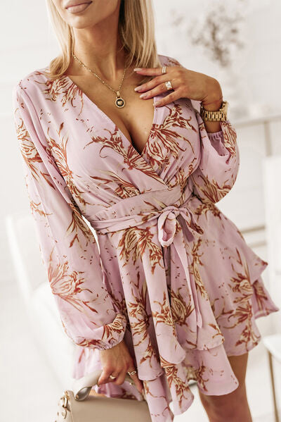 Printed Surplice Balloon Sleeve Women Mini Dress