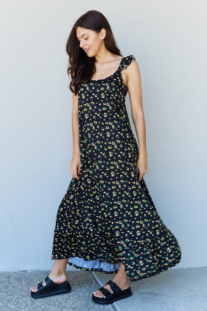 Doublju In The Garden Ruffle Floral Women Maxi Dress in  Black Yellow Floral