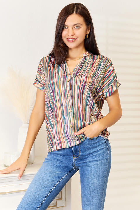 Double Take Multicolored Stripe Notched Neck Women Top