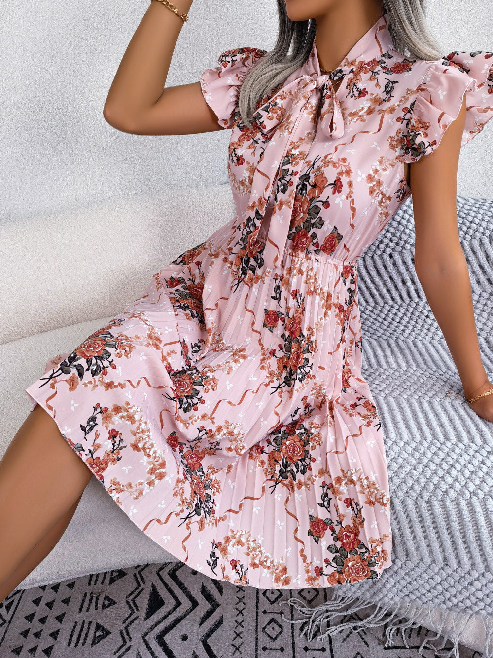 Pleated Floral Printed Tie Neck Knee Length Women Dress