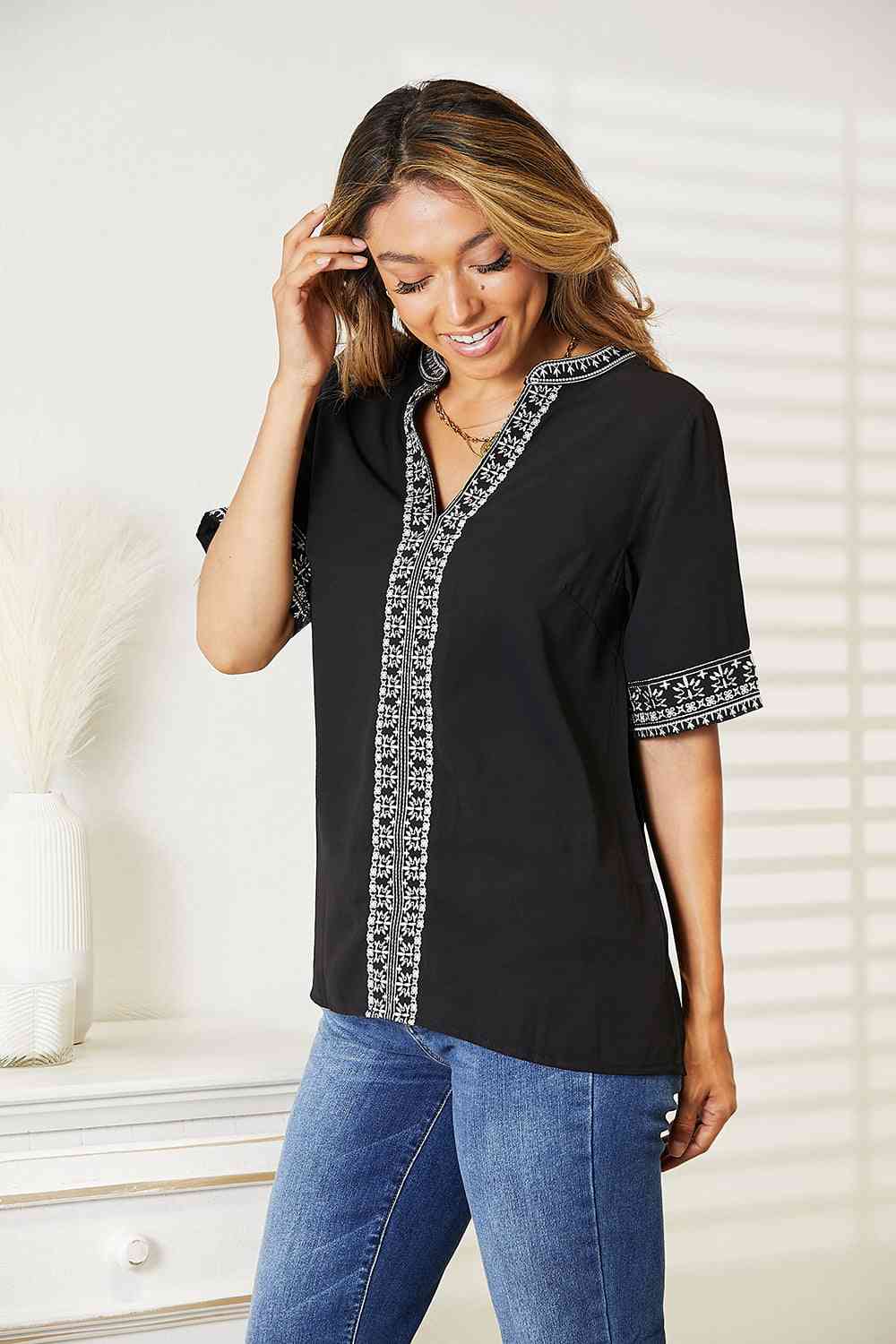 Double Take Embroidered Notched Neck Women Top