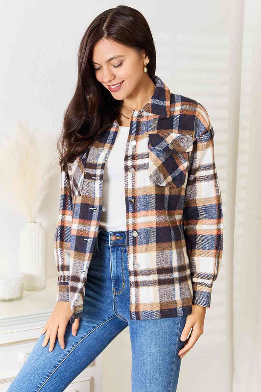 Double Take Plaid Button Front Shirt Women Jacket with Breast Pockets