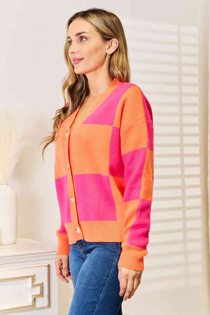 Angel Wings Woven Right Checkered V-Neck Dropped Shoulder Women Cardigan