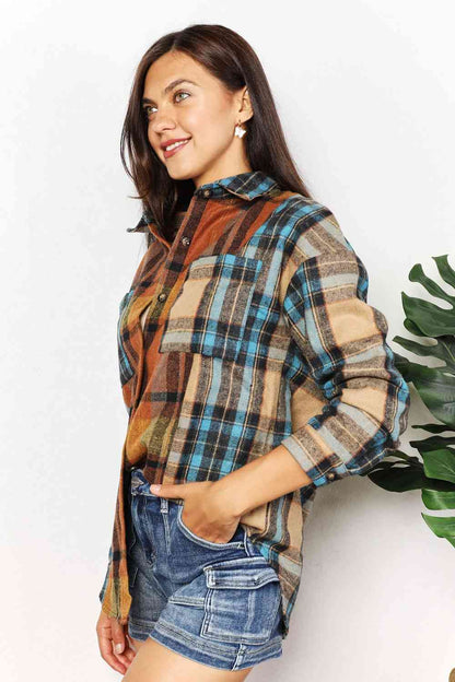 Double Take Plaid Curved Women Hem Shirt Jacket with Breast Pockets