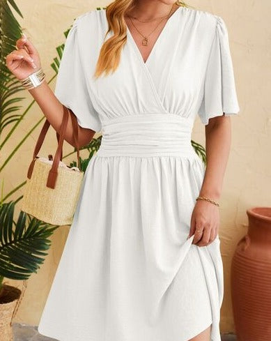 Ruched Surplice Short Sleeve Women Dress