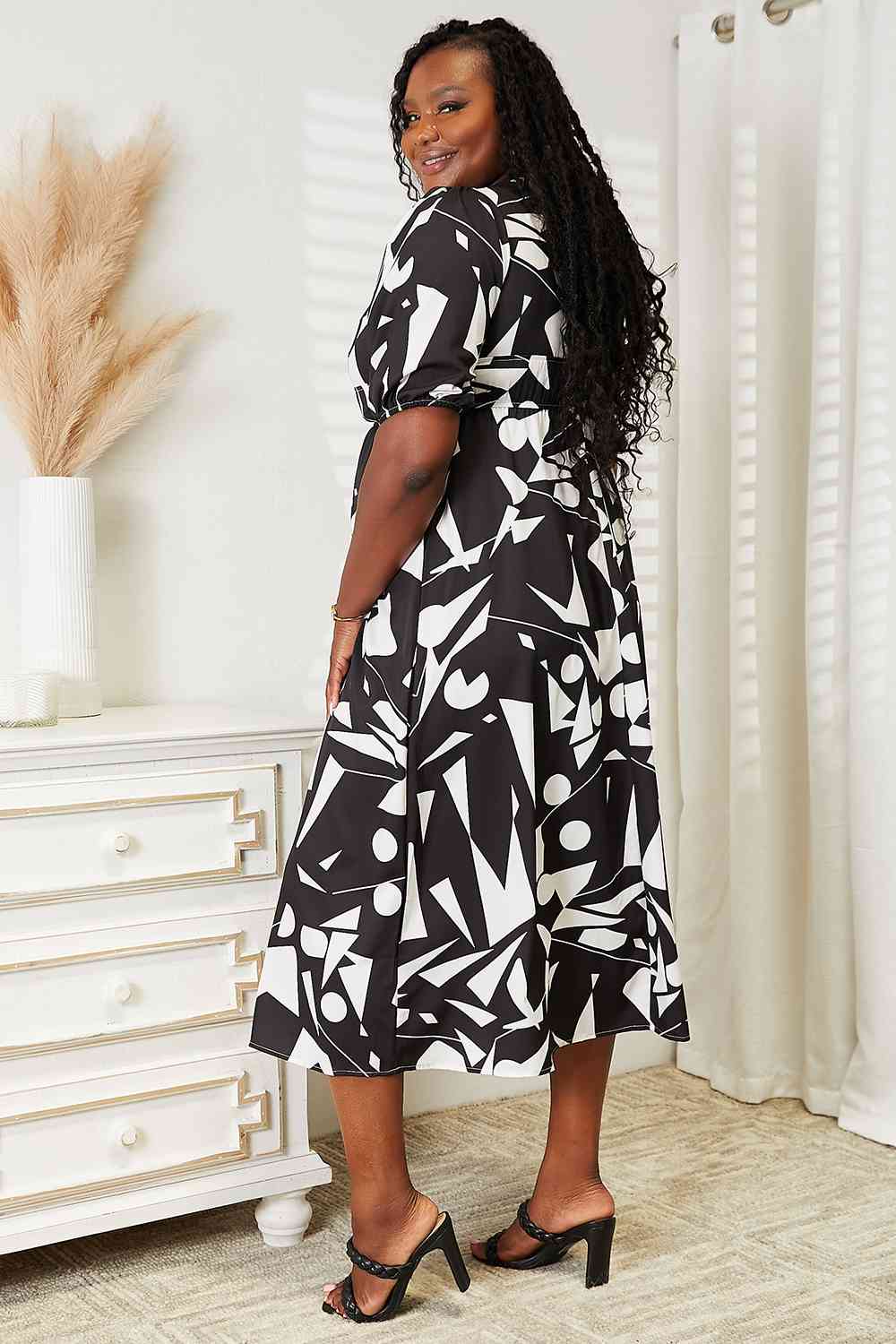 Double Take Printed Surplice Balloon Sleeve Women Dress