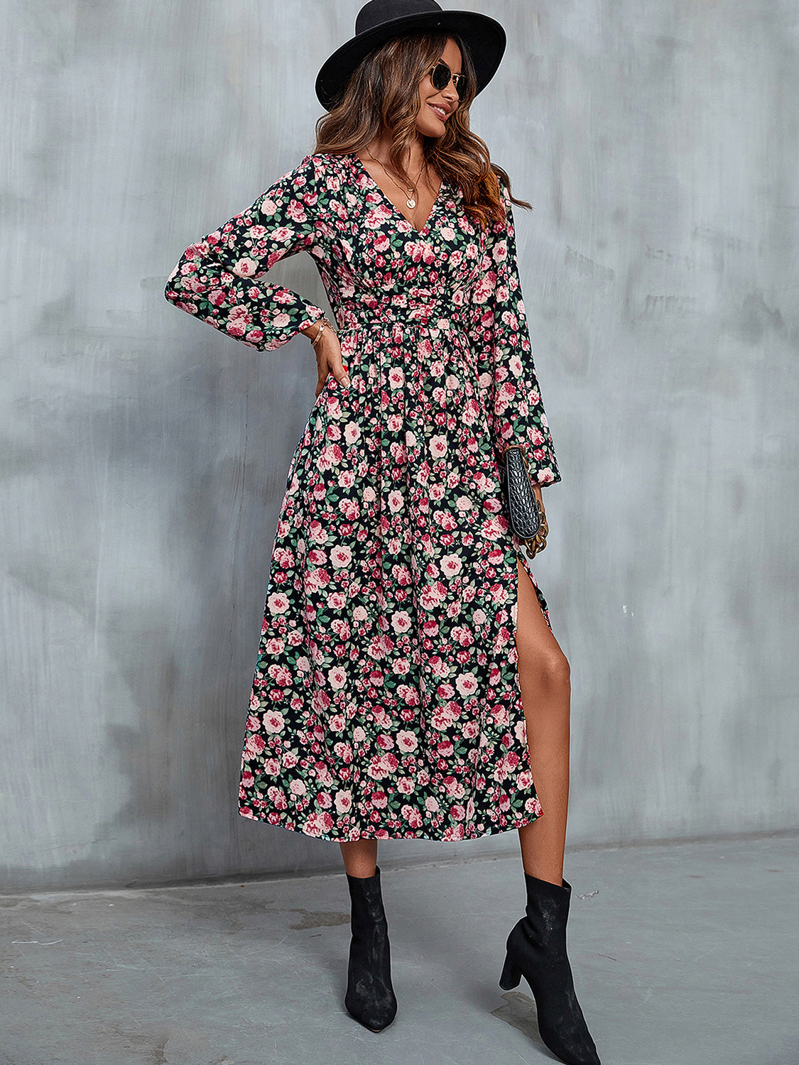 Floral V-Neck Slit Midi Women Dress