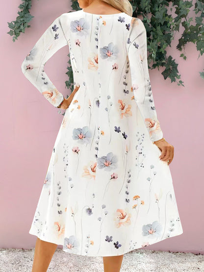 Floral Notched Long Sleeve Midi Women Dress