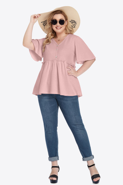 Plus Size Buttoned V-Neck Frill Trim Women Babydoll Blouse