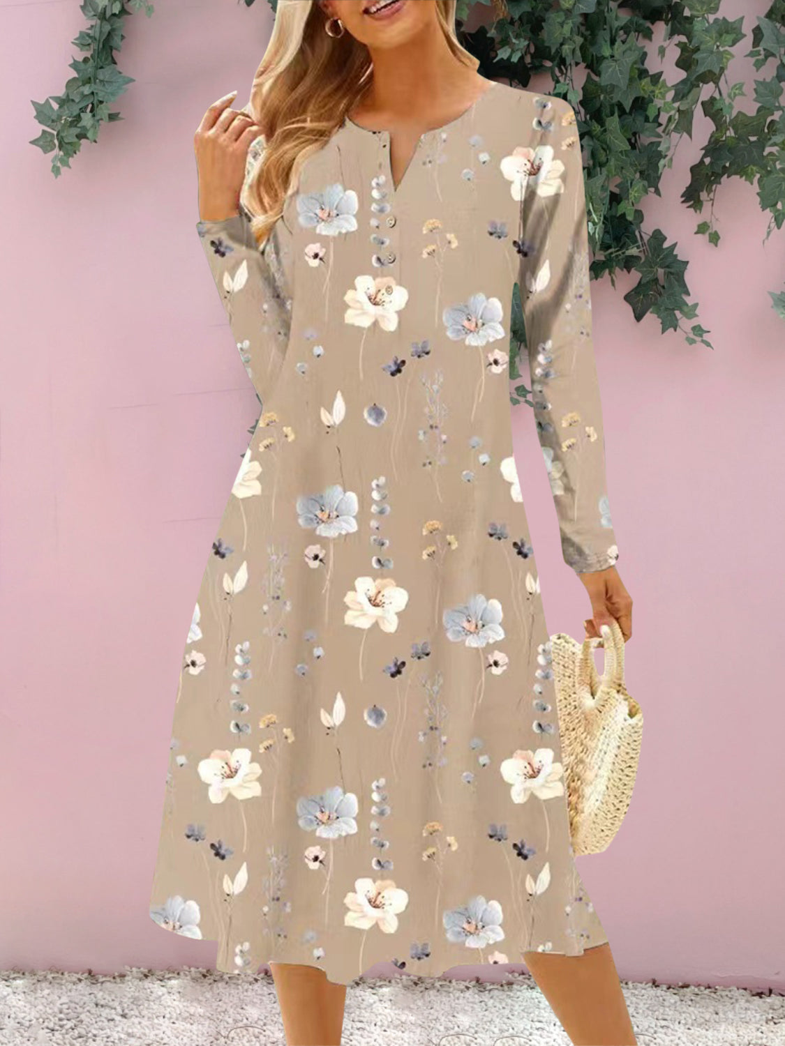 Floral Notched Long Sleeve Midi Women Dress