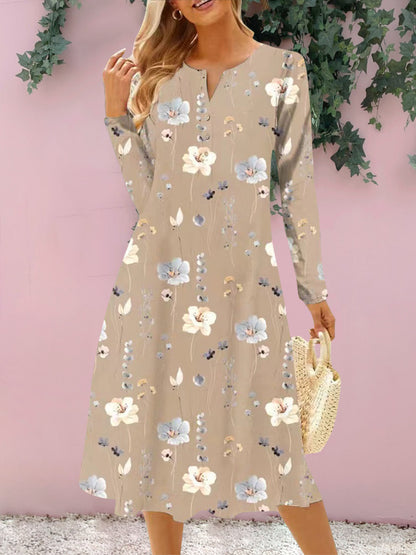 Floral Notched Long Sleeve Midi Women Dress