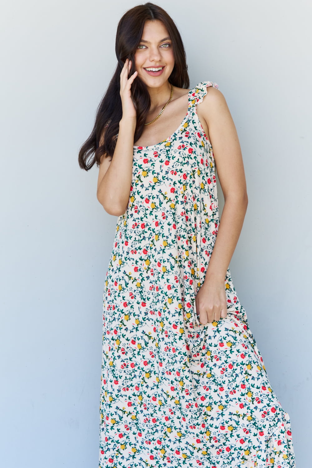 Doublju In the Garden Ruffle Floral Women Maxi Dress in Natural Rose