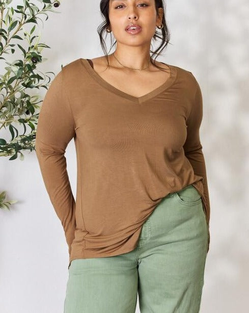 Zenana Full Size Long Sleeve V-Neck Women Top