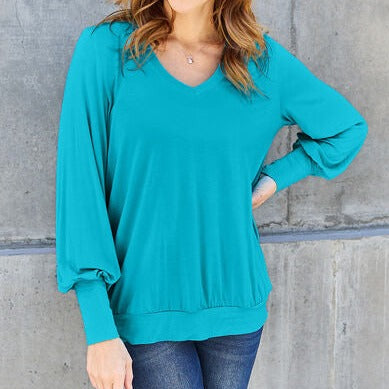 Basic Bae Full Size V-Neck Lantern Sleeve Women Blouse