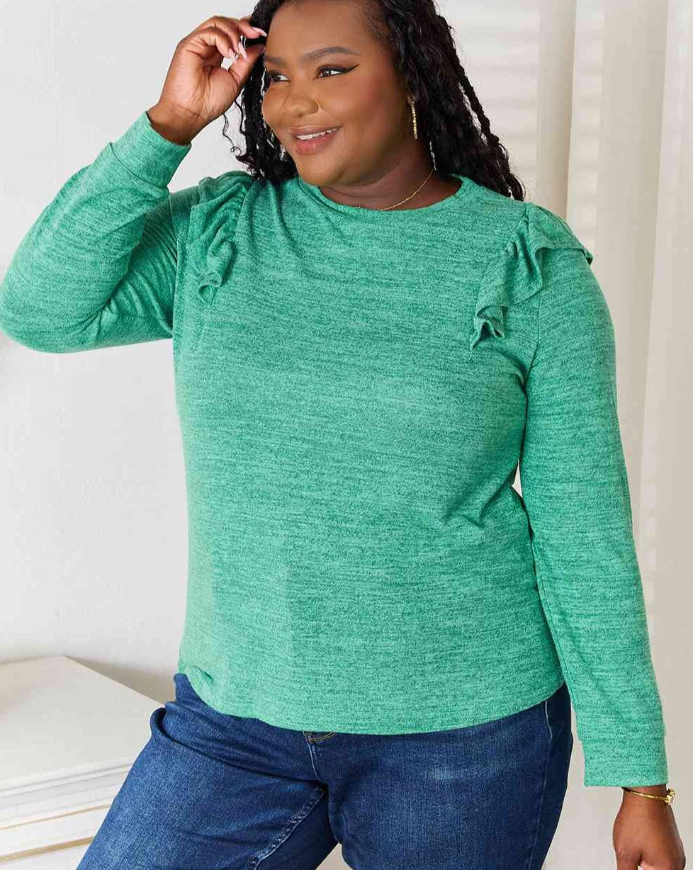 Double Take Ruffle Shoulder Long Sleeve Women T-Shirt