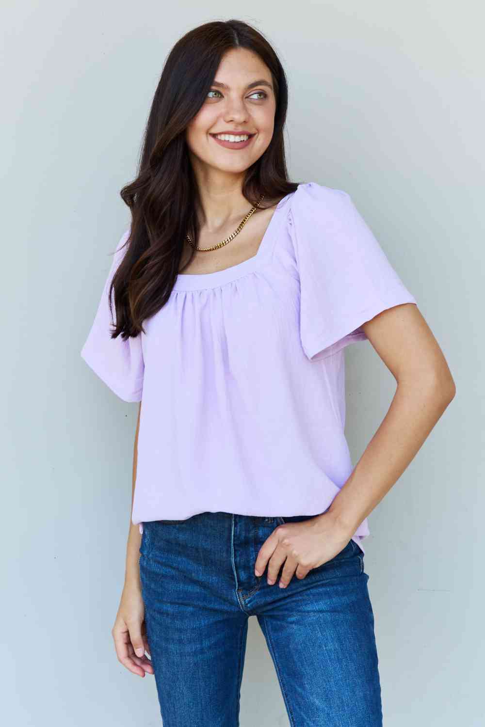 Ninexis Keep Me Close Square Neck Short Sleeve Women Blouse in Lavender