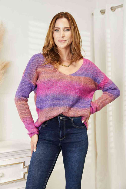 Double Take Multicolored Rib-Knit V-Neck Knit Women Pullover