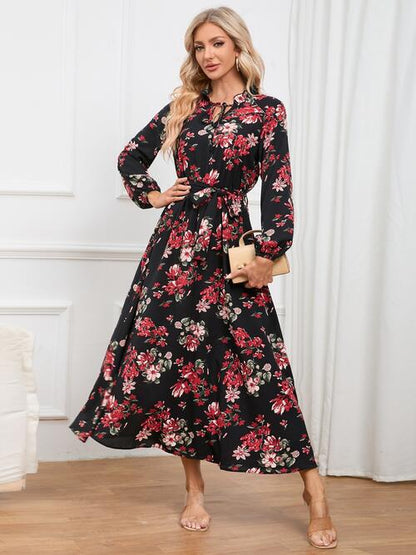 Floral Tie Front Balloon Sleeve Women Dress