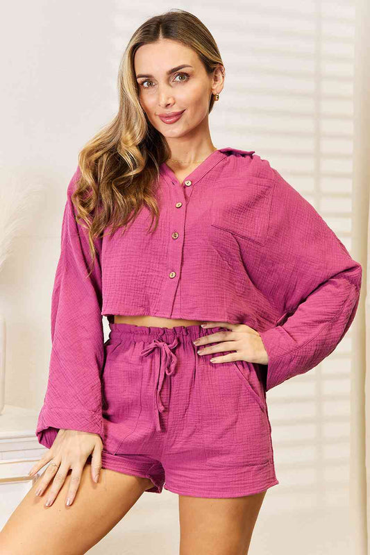 Basic Bae Buttoned Long Sleeve Women Cotton Top and Shorts Set