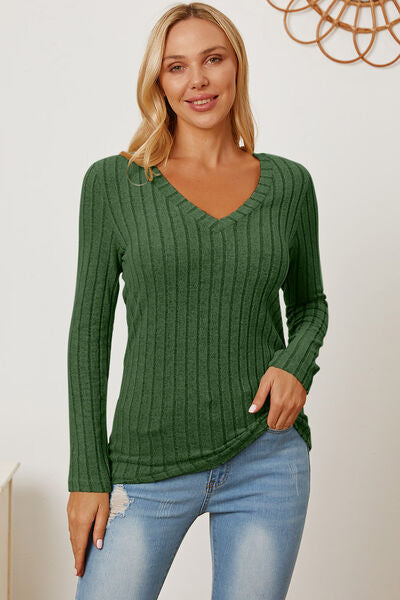 Basic Bae Full Size Ribbed V-Neck Long Sleeve Women T-Shirt