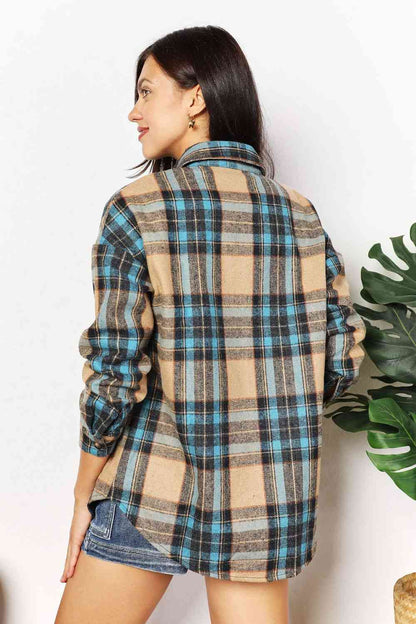 Double Take Plaid Curved Women Hem Shirt Jacket with Breast Pockets