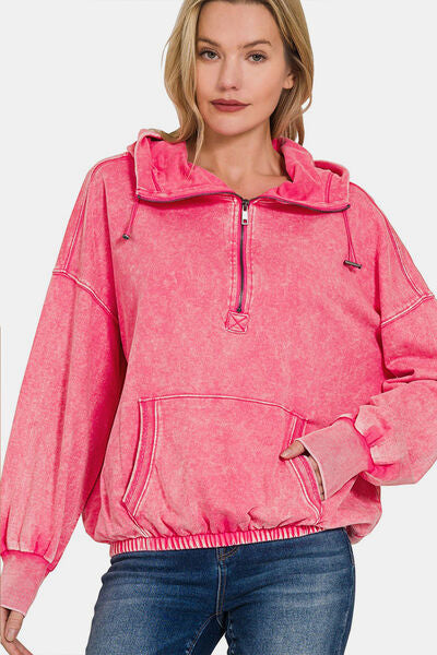 Zenana Drawstring Half Zip Dropped Shoulder Women Hoodie