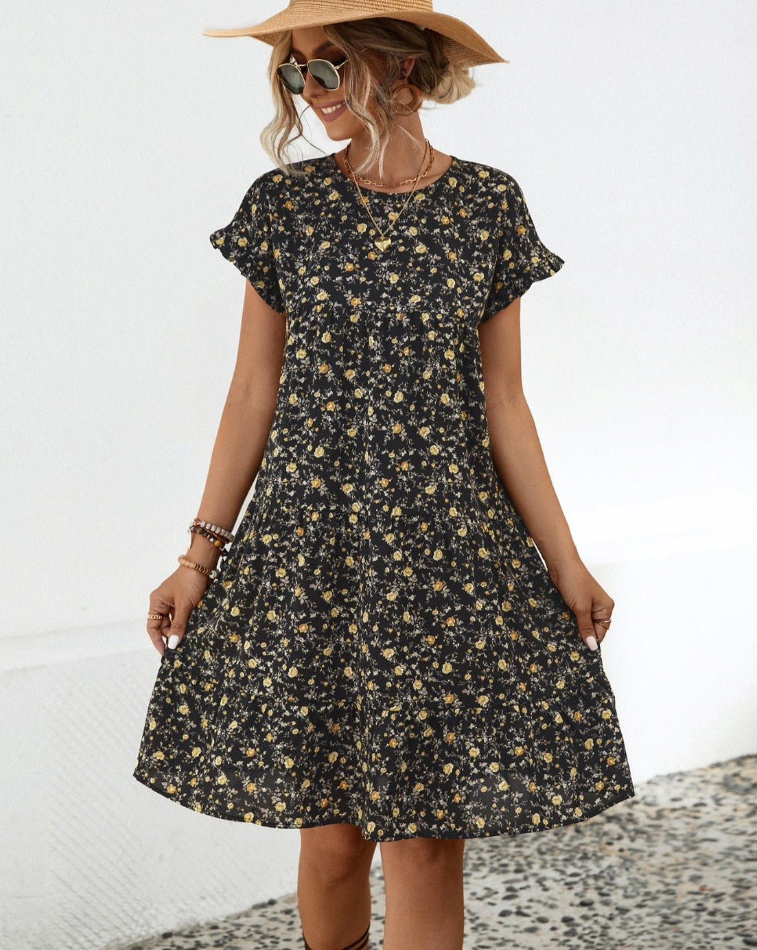 Frill Floral Round Neck Short Sleeve Tiered Women Dress