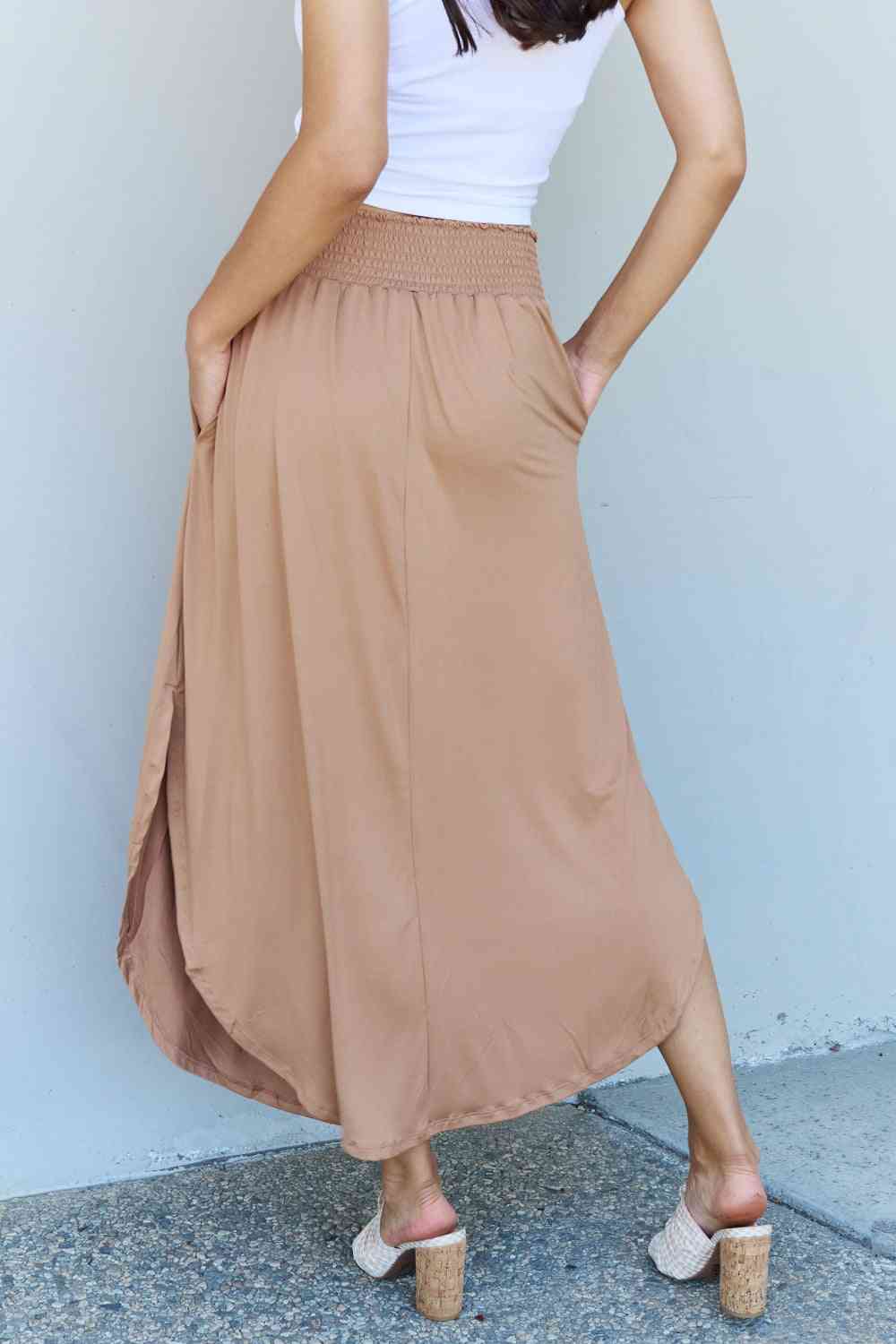 Doublju Comfort Princess Full Size High Waist Scoop Hem Women Maxi Skirt in Tan