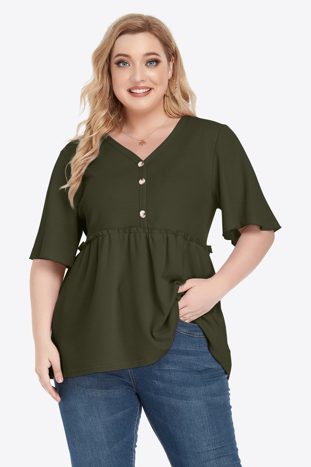 Plus Size Buttoned V-Neck Frill Trim Women Babydoll Blouse