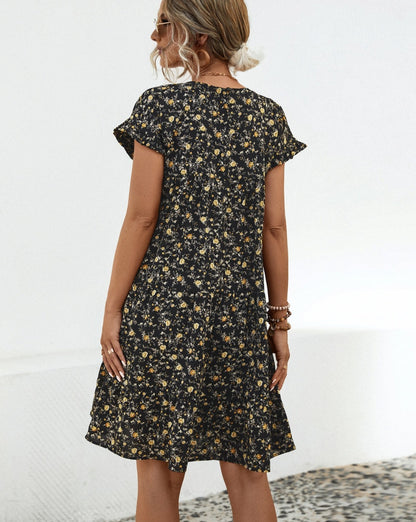 Frill Floral Round Neck Short Sleeve Tiered Women Dress