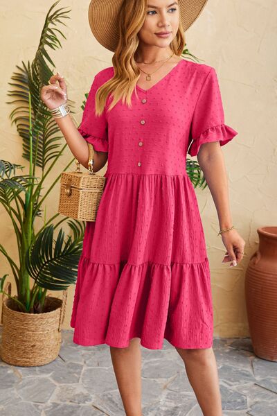 Swiss Dot Ruffled V-Neck Tiered Women Dress