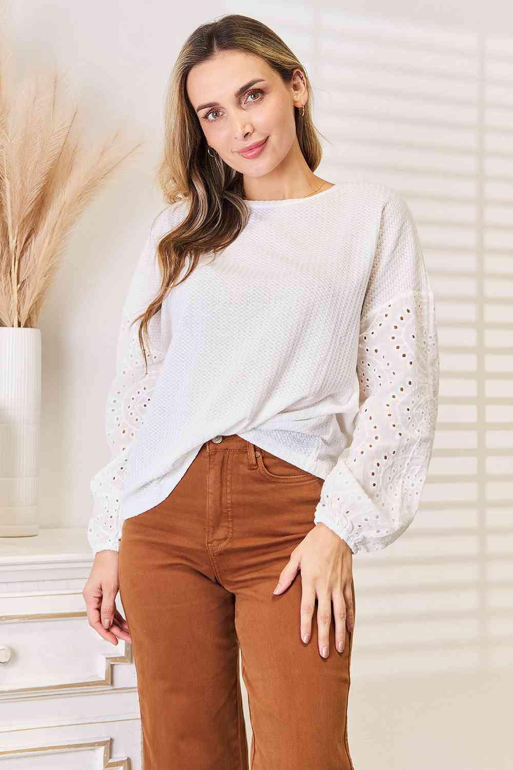 Shiny Eyelet Dropped Shoulder Round Neck Women Blouse