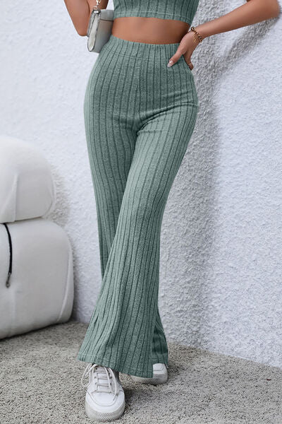 Basic Bae Full Size Ribbed High Waist Flare Women Pants