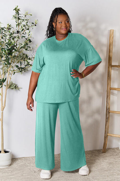 Double Take Full Size Round Neck Slit Women Top and Pants Set