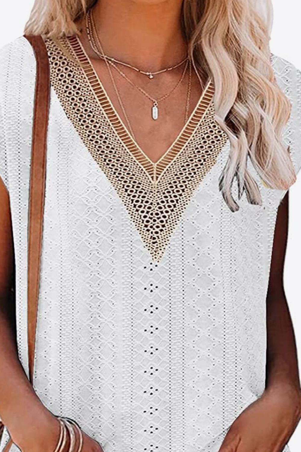 Eyelet Contrast V-Neck Women T-Shirt