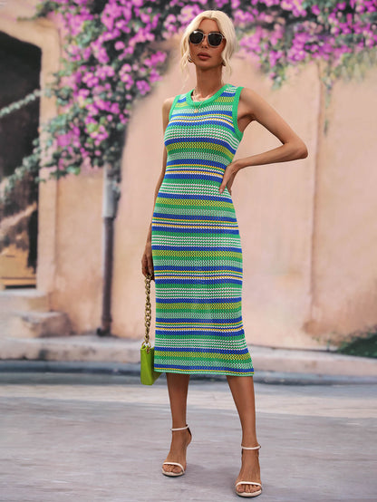 Striped Round Neck Sleeveless Midi Cover Up Dress - Zara-Craft