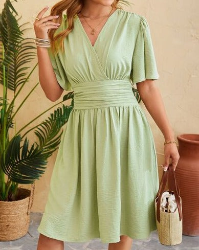 Ruched Surplice Short Sleeve Women Dress