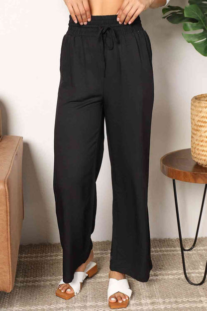 Double Take Drawstring Smocked Waist Wide Leg women Pants