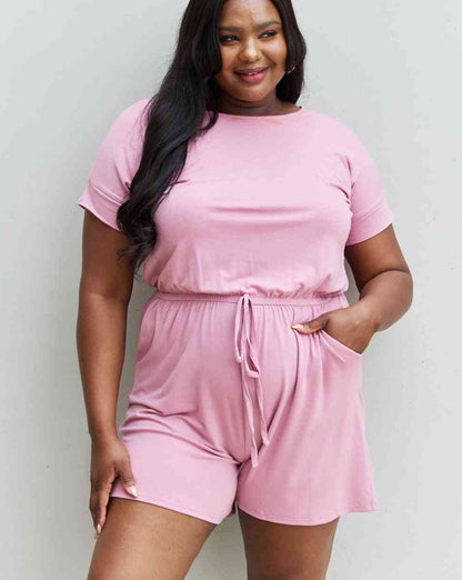 Zenana Chilled Out Full Size Short Sleeve Women Romper in Light Carnation Pink