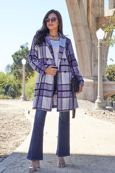 Double Take Full Size Plaid Button Up Lapel Women Collar Coat