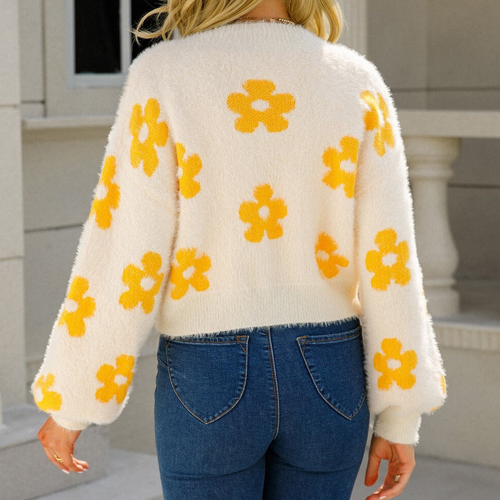 Floral Open Front Fuzzy Women Cardigan