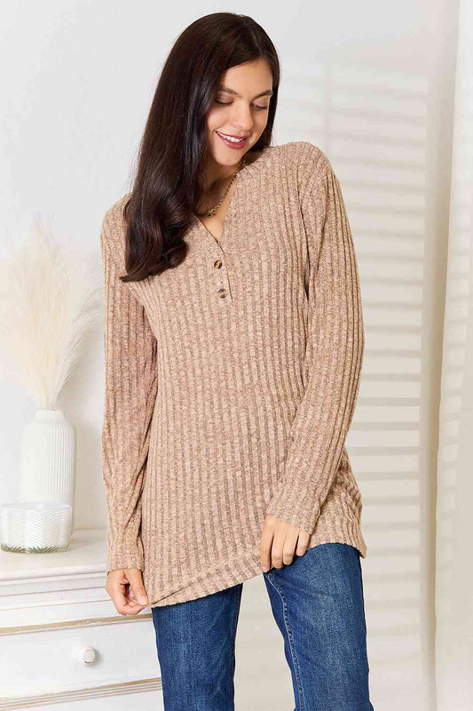 Double Take Notched Neck Ribbed Long Sleeve Women T-Shirt