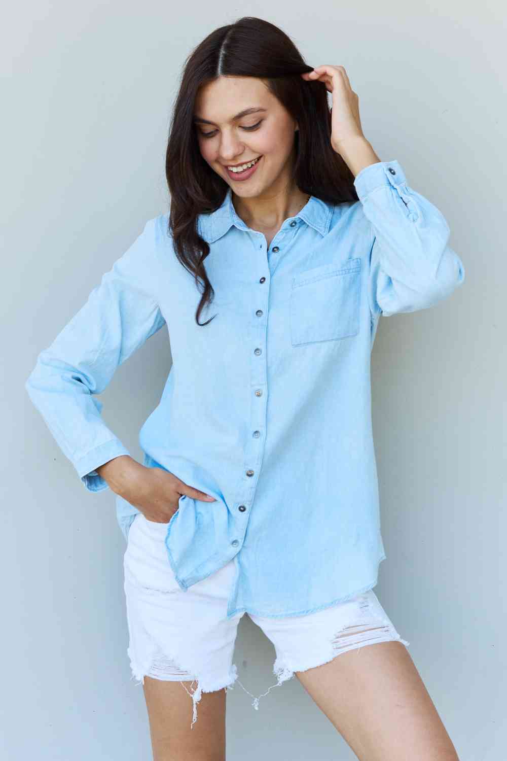 Doublju Blue Jean Baby Denim Button Down Women Shirt Top in Light Blue