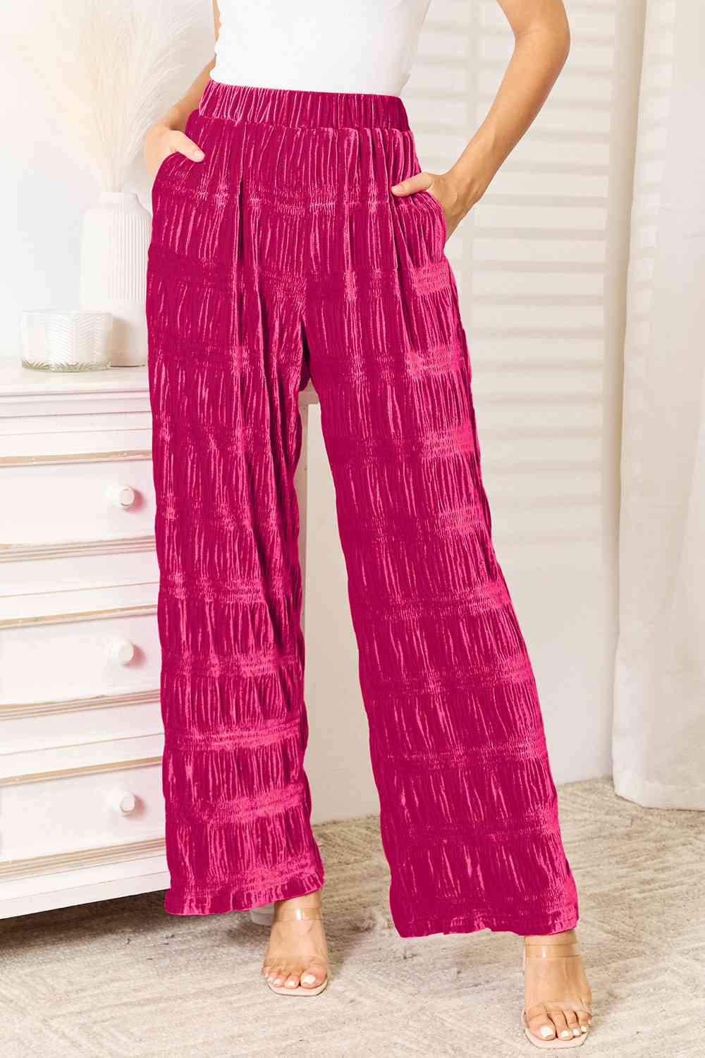 Double Take Full Size High Waist Tiered Shirring Velvet Wide Leg Women Pants