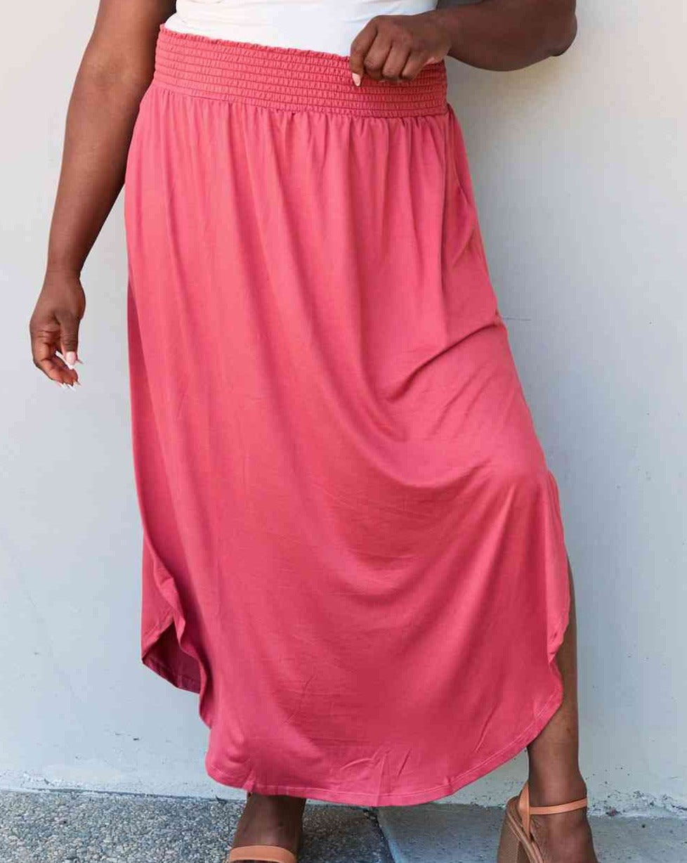 Doublju Comfort Princess Full Size High Waist Scoop Hem Women Maxi Skirt in Hot Pink