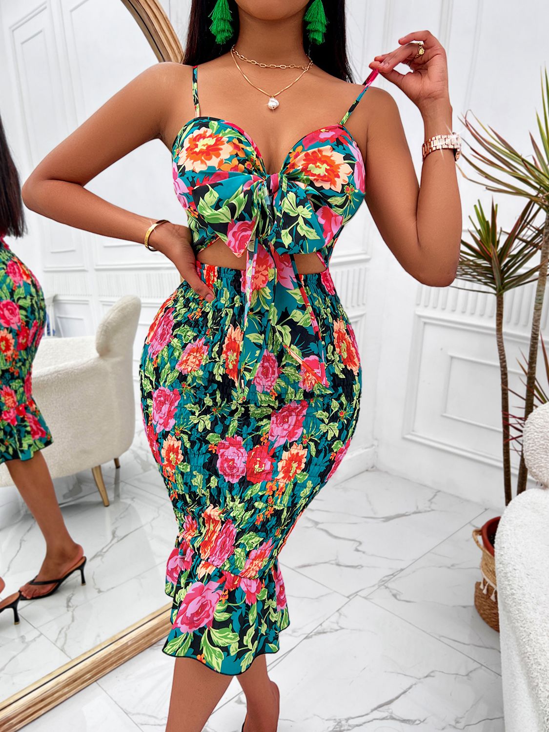 Floral Sweetheart Neck Cutout Women Dress