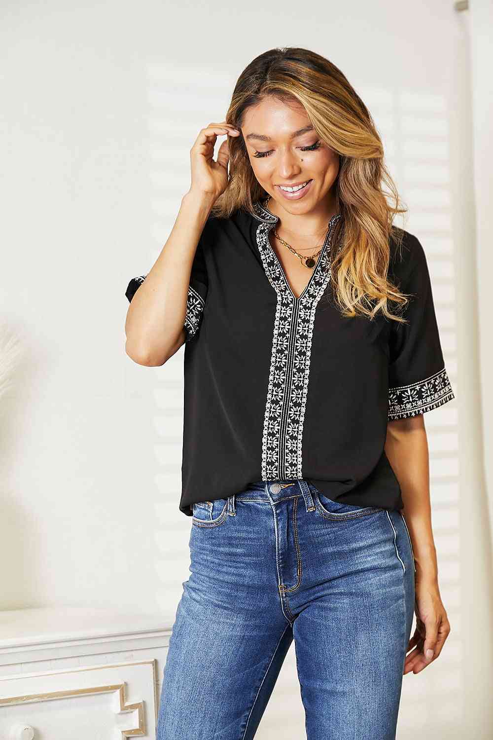 Double Take Embroidered Notched Neck Women Top