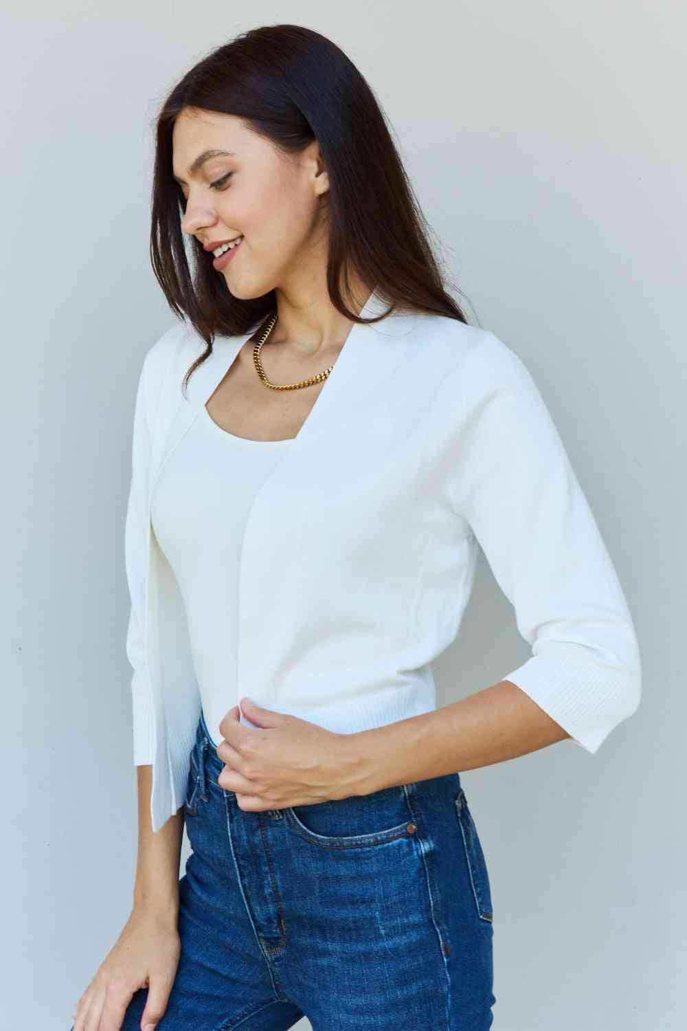 Doublju My Favorite Full Size 3/4 Sleeve Cropped Women Cardigan in Ivory