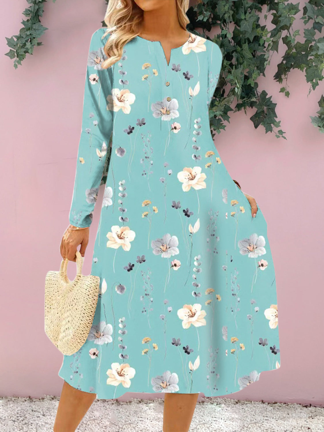 Floral Notched Long Sleeve Midi Women Dress