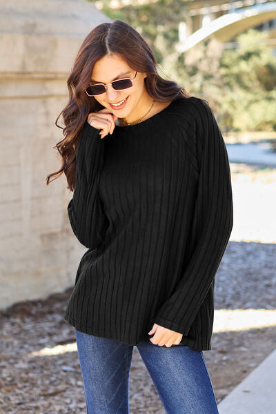 Basic Bae Full Size Ribbed Round Neck Long Sleeve Knit Women Top